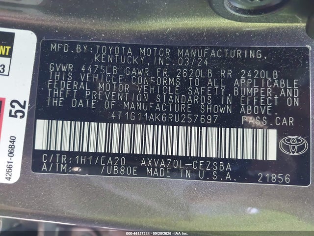 4T1G11AK6RU257697 Toyota CAMRY SE