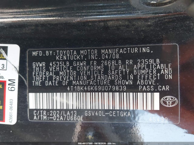 2009 Toyota Camry Xle V6 მანქანა იყიდება აუქციონზე, vin: 4T1BK46K69U079839, აუქციონის ნომერი: 46137385