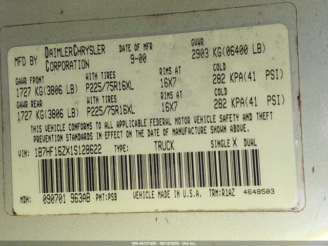 Aukcja sprzedaży 2001 Dodge Ram 1500 St, vin: 1B7HF16ZX1S128622, numer aukcji: 46137400