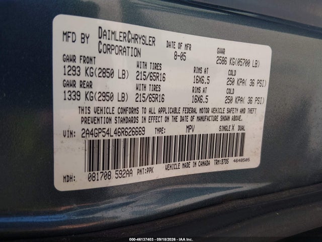 2006 Chrysler Town & Country Touring მანქანა იყიდება აუქციონზე, vin: 2A4GP54L46R626669, აუქციონის ნომერი: 46137403