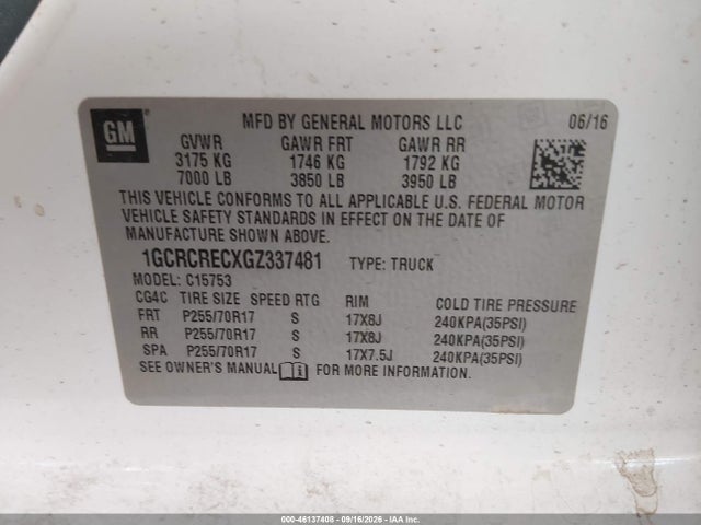 46137408 :رقم المزاد ، 1GCRCRECXGZ337481 vin ، 2016 Chevrolet Silverado 1500 1lt مزاد بيع