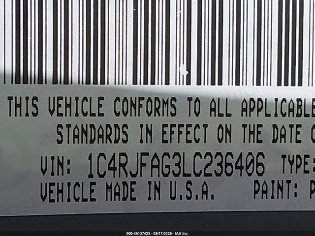 46137423 :رقم المزاد ، 1C4RJFAG3LC236406 vin ، 2020 Jeep Grand Cherokee Altitude 4x4 مزاد بيع