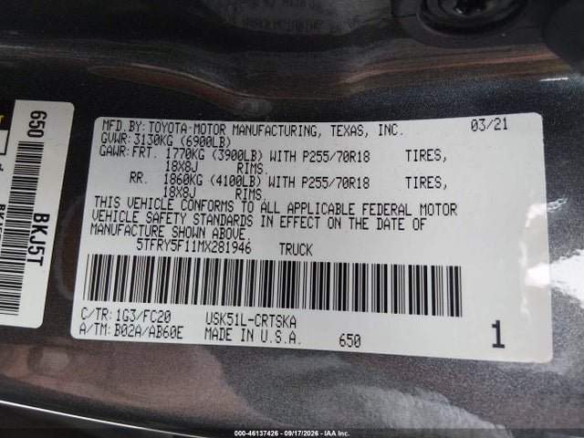 Toyota Tundra Sr5 2021 5TFRY5F11MX281946 Image 9