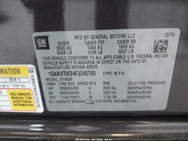 2015 Gmc Acadia Denali მანქანა იყიდება აუქციონზე, vin: 1GKKVTKD4FJ246780, აუქციონის ნომერი: 46137435