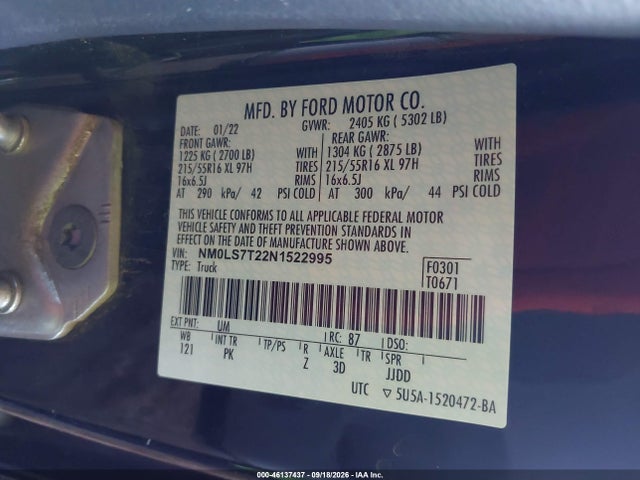 46137437 :رقم المزاد ، NM0LS7T22N1522995 vin ، 2022 Ford Transit Connect Xlt مزاد بيع
