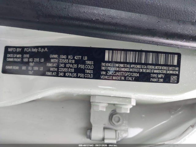 Продажа на аукционе авто 2016 Jeep Renegade 75th Anniversary, vin: ZACCJABT7GPD12604, номер лота: 46137443