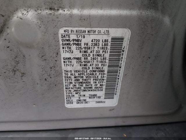 Aukcja sprzedaży 2019 Nissan Rogue S/sv, vin: JN8AT2MV3KW392506, numer aukcji: 46137449