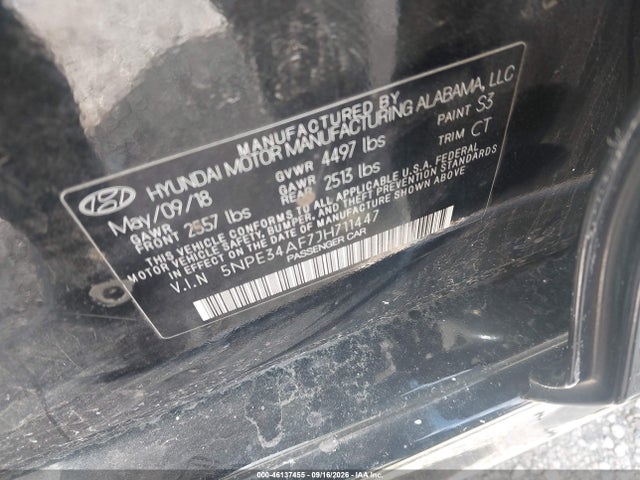2018 Hyundai Sonata Sel+ მანქანა იყიდება აუქციონზე, vin: 5NPE34AF7JH711447, აუქციონის ნომერი: 46137455
