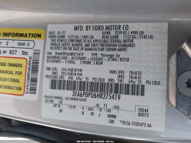Aukcja sprzedaży 2017 Ford Fusion Energi Se Luxury, vin: 3FA6P0PU6HR275419, numer aukcji: 46137457