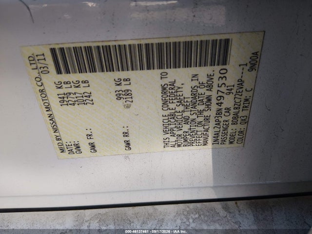 46137461 :رقم المزاد ، 1N4AL2AP3BN497530 vin ، 2011 Nissan Altima 2.5 S مزاد بيع