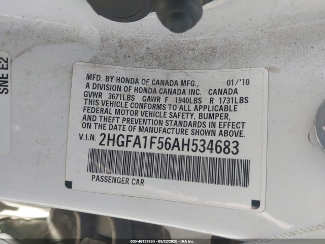 46137464 :رقم المزاد ، 2HGFA1F56AH534683 vin ، 2010 Honda Civic Lx مزاد بيع