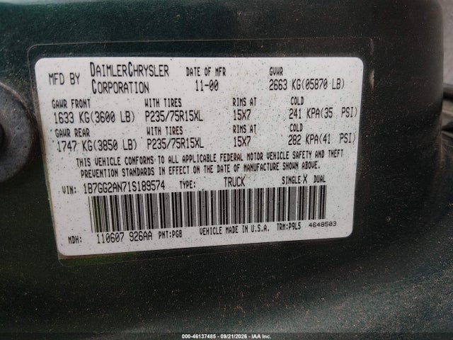 Продаж на аукціоні авто 2001 Dodge Dakota Slt/sport, vin: 1B7GG2AN71S189574, номер лоту: 46137485
