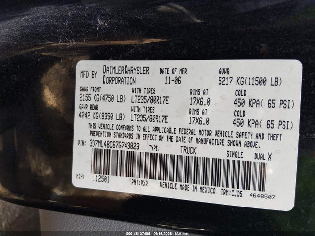 2007 Dodge Ram 3500 Slt/sport მანქანა იყიდება აუქციონზე, vin: 3D7ML48C67G743823, აუქციონის ნომერი: 46137495