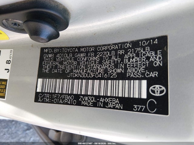 Toyota Prius Two 2015 JTDKN3DU3F0416125 Image 9
