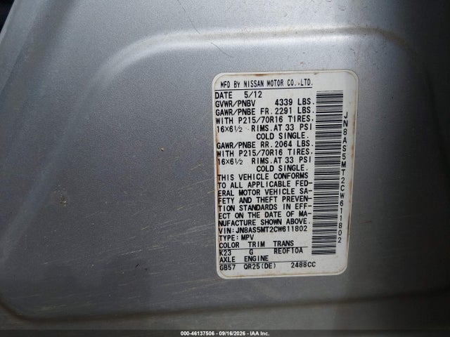 46137506 :رقم المزاد ، JN8AS5MT2CW611802 vin ، 2012 Nissan Rogue S مزاد بيع