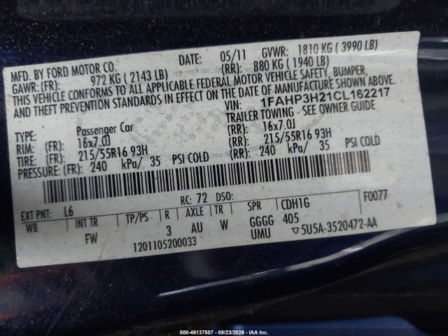 2012 Ford Focus Sel მანქანა იყიდება აუქციონზე, vin: 1FAHP3H21CL162217, აუქციონის ნომერი: 46137507