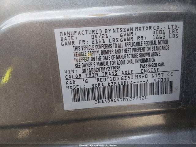 Продаж на аукціоні авто 2021 Nissan Sentra Sv Xtronic Cvt, vin: 3N1AB8CV7MY277926, номер лоту: 46137508
