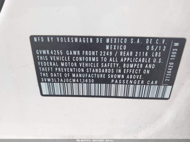Aukcja sprzedaży 2012 Volkswagen Jetta 2.0l Tdi, vin: 3VW3L7AJ0CM411630, numer aukcji: 46137510