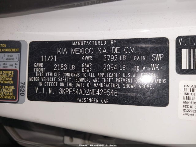 Продажа на аукционе авто 2022 Kia Forte Gt-line, vin: 3KPF54AD2NE429546, номер лота: 46137516