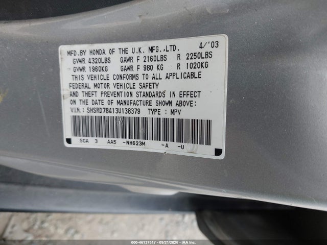 Aukcja sprzedaży 2003 Honda Cr-v Lx, vin: SHSRD78413U138379, numer aukcji: 46137517