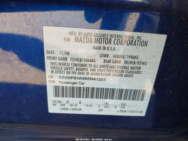 Продаж на аукціоні авто 2009 Mazda Mazda6 I Sport, vin: 1YVHP81A995M41205, номер лоту: 46137521