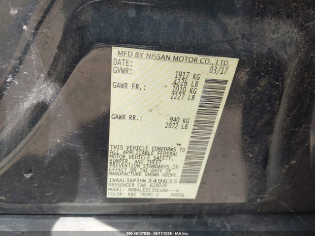 46137535 :رقم المزاد ، 1N4AL3AP3HN349635 vin ، 2017 Nissan Altima 2.5 S مزاد بيع