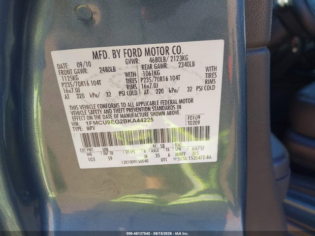 46137540 :رقم المزاد ، 1FMCU9EG2BKA44225 vin ، 2011 Ford Escape Limited مزاد بيع
