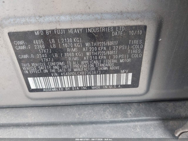 46137551 :رقم المزاد ، 4S4BRDLCXB2363873 vin ، 2011 Subaru Outback 3.6r Limited مزاد بيع