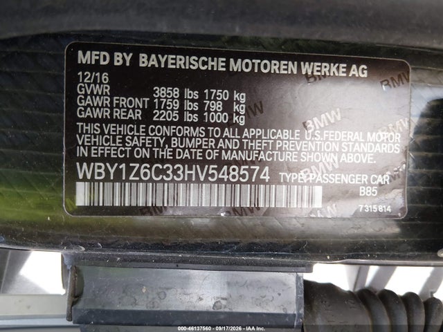46137560 :رقم المزاد ، WBY1Z6C33HV548574 vin ، 2017 Bmw I3 94 Ah مزاد بيع