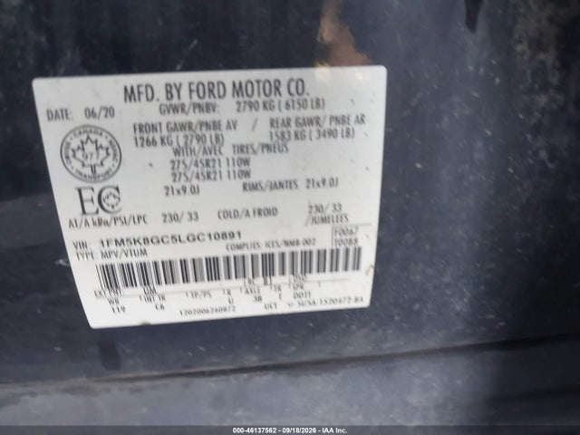 46137562 :رقم المزاد ، 1FM5K8GC5LGC10891 vin ، 2020 Ford Explorer St مزاد بيع