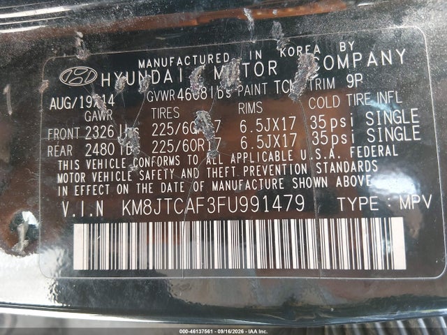 Продаж на аукціоні авто 2015 Hyundai Tucson Gls, vin: KM8JTCAF3FU991479, номер лоту: 46137561