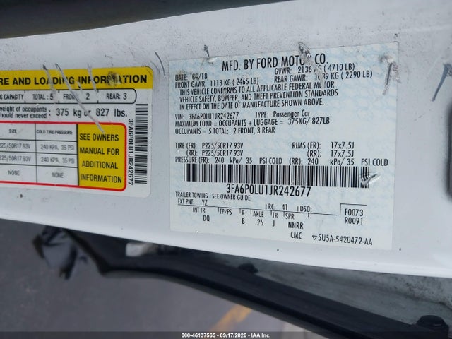 3FA6P0LU1JR242677 Ford Fusion Hybrid Se