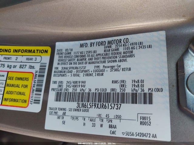 Aukcja sprzedaży 2018 Lincoln Mkz Reserve, vin: 3LN6L5F9XJR615737, numer aukcji: 46137572