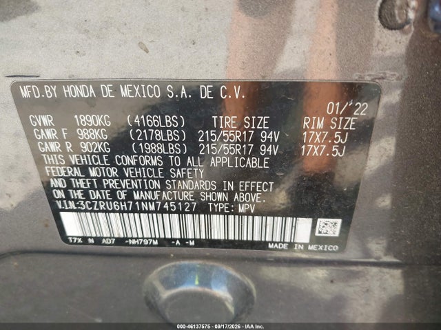 Aukcja sprzedaży 2022 Honda Hr-v Ex-l, vin: 3CZRU6H71NM745127, numer aukcji: 46137575
