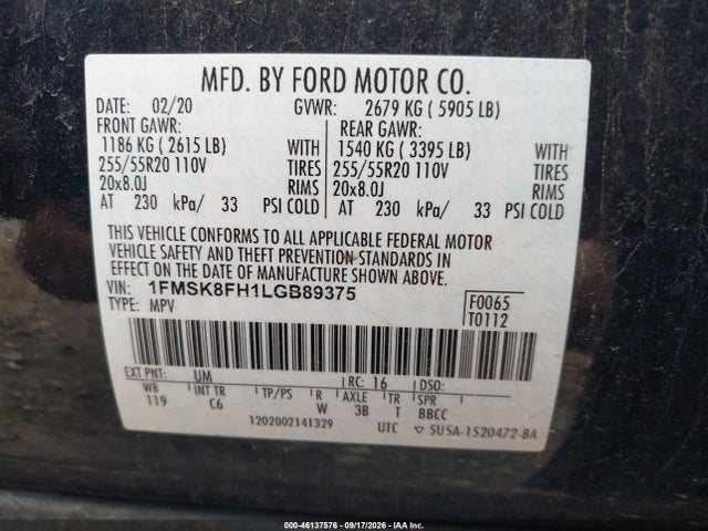 Продаж на аукціоні авто 2020 Ford Explorer Limited, vin: 1FMSK8FH1LGB89375, номер лоту: 46137576