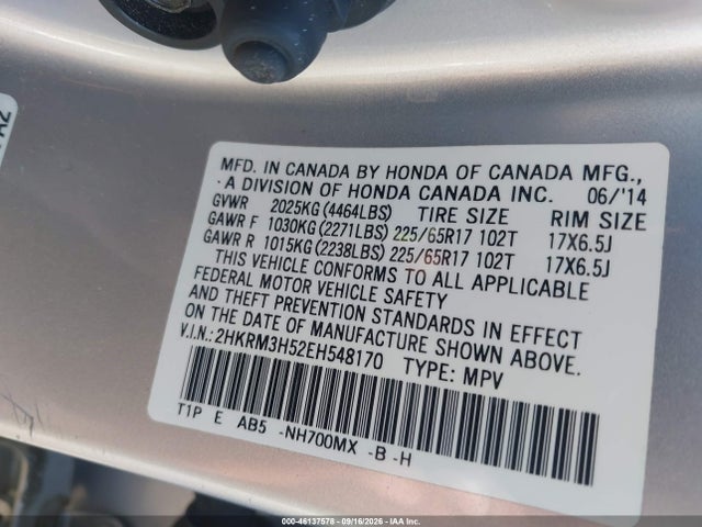 46137578 :رقم المزاد ، 2HKRM3H52EH548170 vin ، 2014 Honda Cr-v Ex مزاد بيع