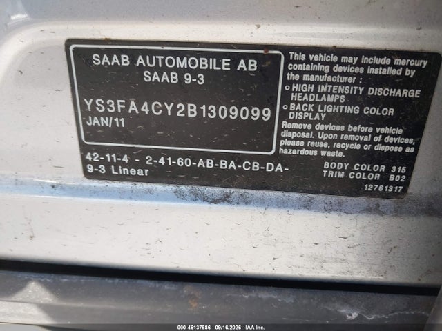 Продаж на аукціоні авто 2011 Saab 9-3 Turbo4, vin: YS3FA4CY2B1309099, номер лоту: 46137586