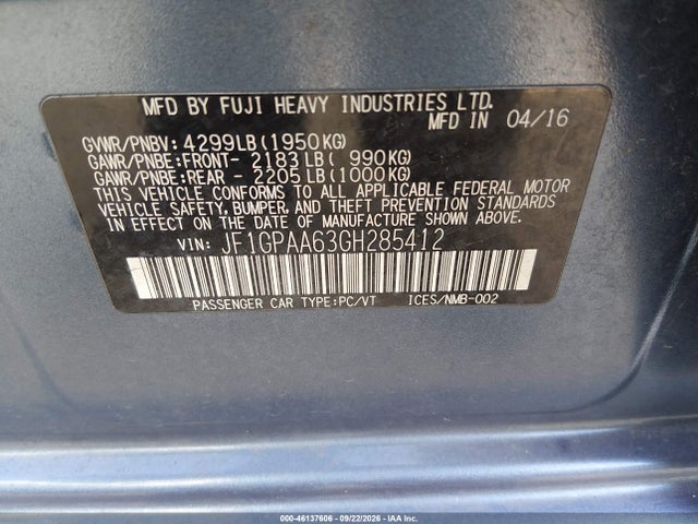 46137606 :رقم المزاد ، JF1GPAA63GH285412 vin ، 2016 Subaru Impreza 2.0i مزاد بيع