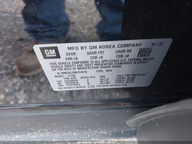 46137630 :رقم المزاد ، KL79MUSL2NB124516 vin ، 2022 Chevrolet Trailblazer Awd Rs مزاد بيع
