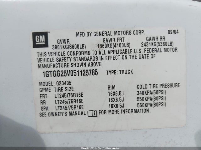 Aukcja sprzedaży 2005 Gmc Savana Standard, vin: 1GTGG25V051125785, numer aukcji: 46137632