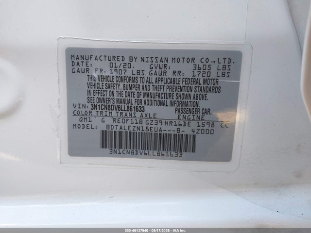 2020 Nissan Versa S Xtronic Cvt მანქანა იყიდება აუქციონზე, vin: 3N1CN8DV6LL861633, აუქციონის ნომერი: 46137640