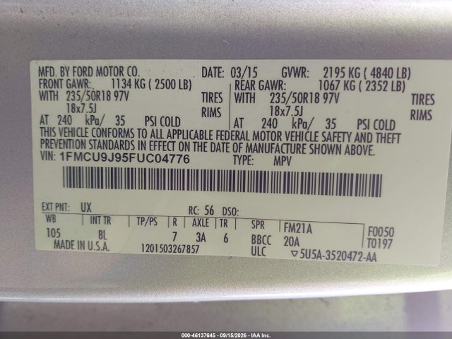 Ford Escape Titanium 2015 1FMCU9J95FUC04776 Image 9