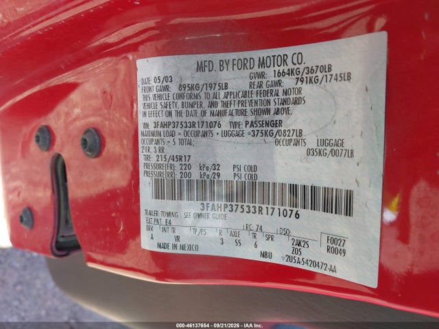 2003 Ford Focus Svt/zx5 მანქანა იყიდება აუქციონზე, vin: 3FAHP37533R171076, აუქციონის ნომერი: 46137654