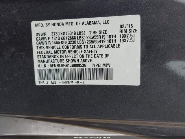 2018 Honda Odyssey Elite მანქანა იყიდება აუქციონზე, vin: 5FNRL6H91JB089536, აუქციონის ნომერი: 46137671