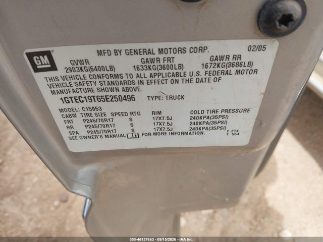 46137683 :رقم المزاد ، 1GTEC19T65E250496 vin ، 2005 Gmc Sierra 1500 Sle مزاد بيع