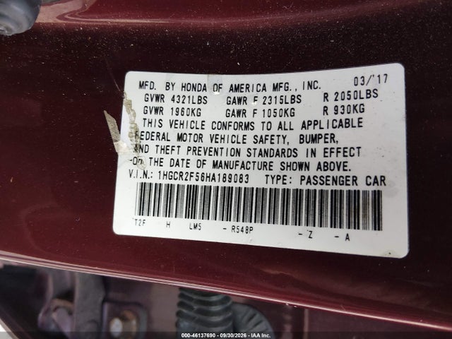 Продаж на аукціоні авто 2017 Honda Accord Sport, vin: 1HGCR2F56HA189083, номер лоту: 46137690