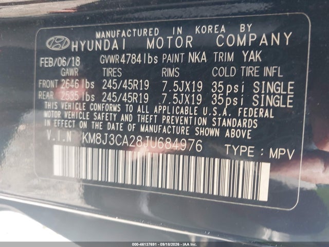 Продаж на аукціоні авто 2018 Hyundai Tucson Limited, vin: KM8J3CA28JU684976, номер лоту: 46137691