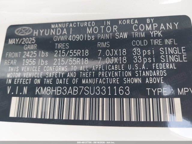 46137705 :رقم المزاد ، KM8HB3AB7SU331163 vin ، 2025 Hyundai Kona Sel مزاد بيع