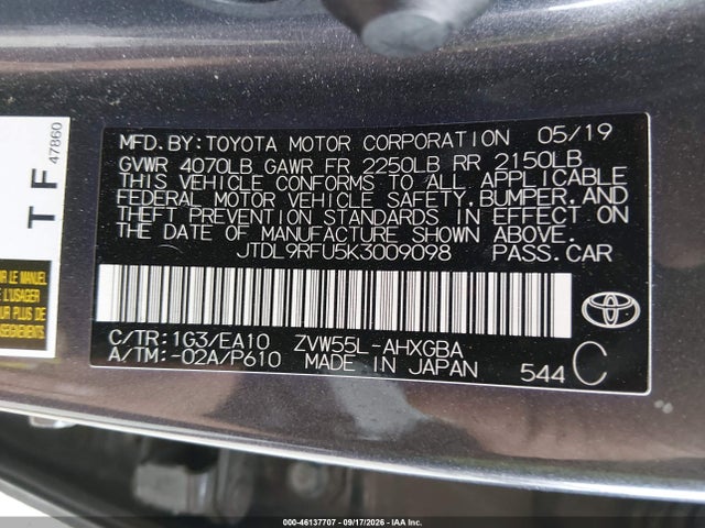 2019 Toyota Prius Xle მანქანა იყიდება აუქციონზე, vin: JTDL9RFU5K3009098, აუქციონის ნომერი: 46137707