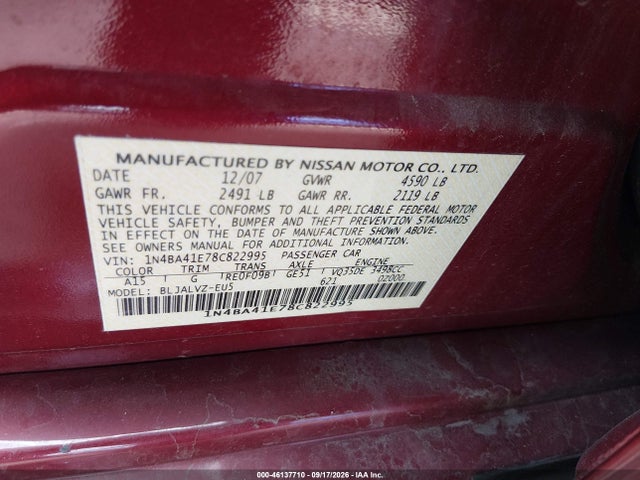 46137710 :رقم المزاد ، 1N4BA41E78C822995 vin ، 2008 Nissan Maxima 3.5 Se مزاد بيع